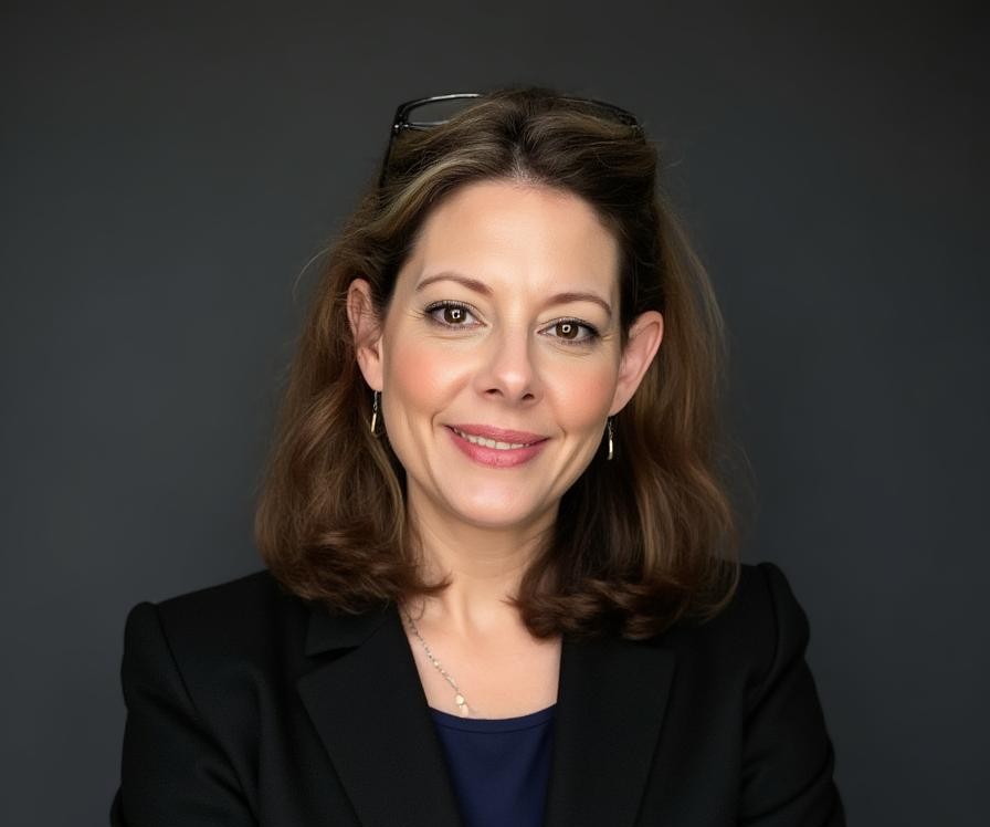 Aerin Kube wearing a black blazer against a dark background