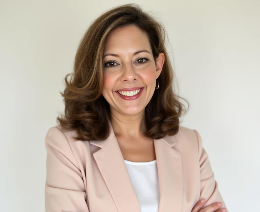 Aerin Kube wearing a blush pink blazer, smiling warmly