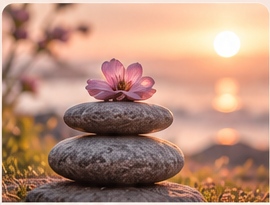Balanced stones and a flower at sunset